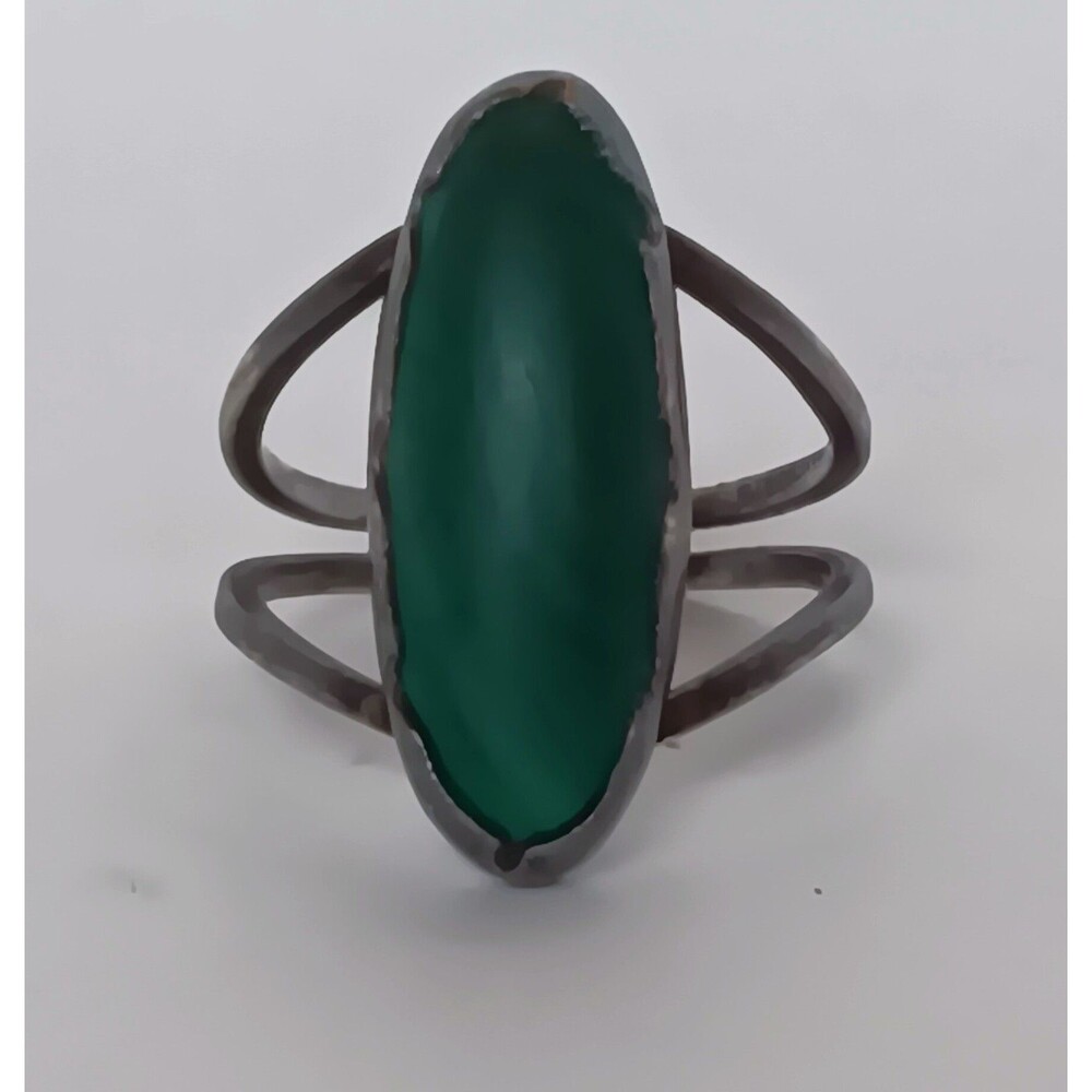 Vintage Artisan Sterling Silver Green Malachite Split Shank Ring Size 6